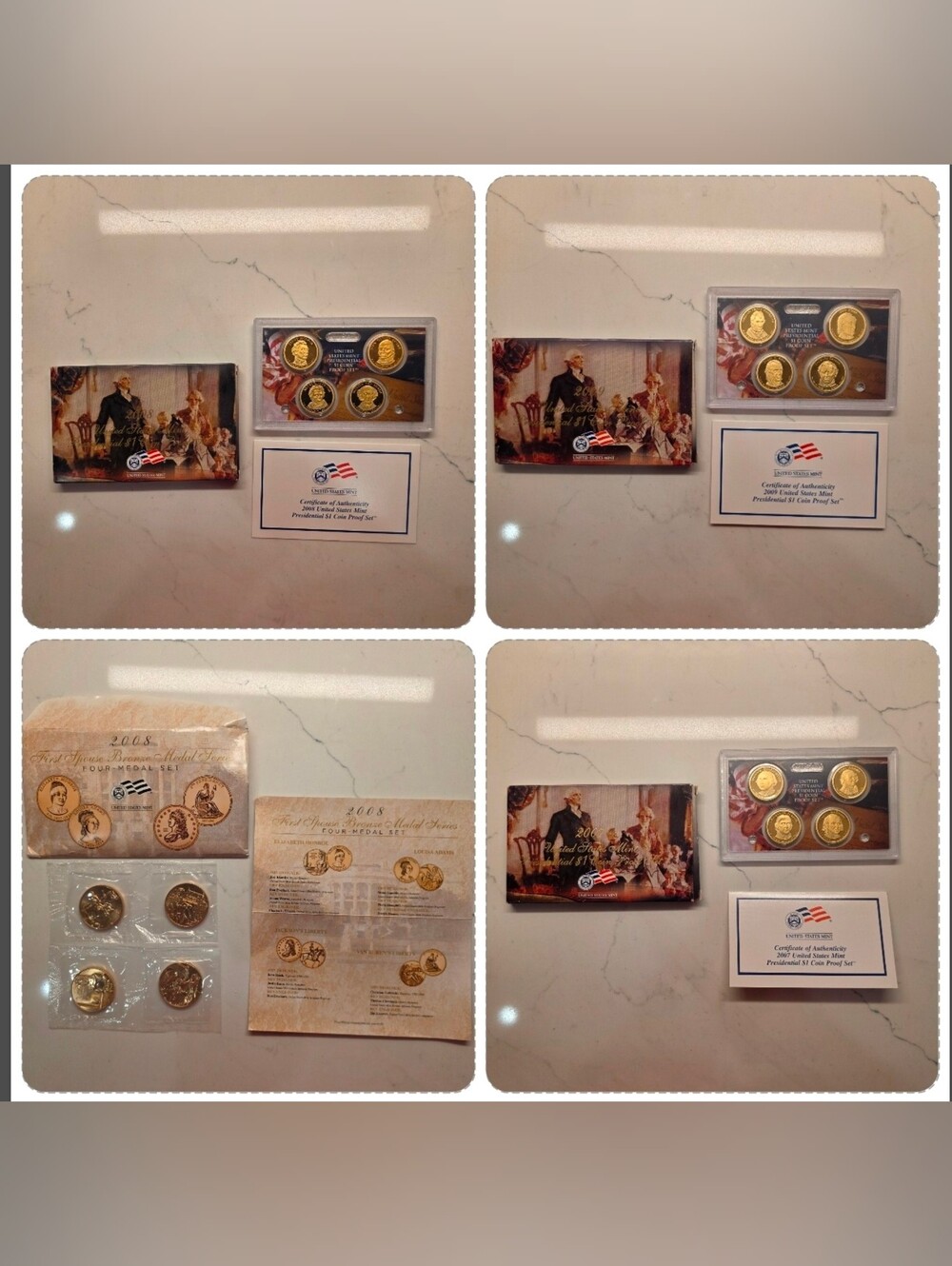 US Mint Presidential $1 Proof Sets (2007, 2008, 2009) & 2008 First Spouse Medals